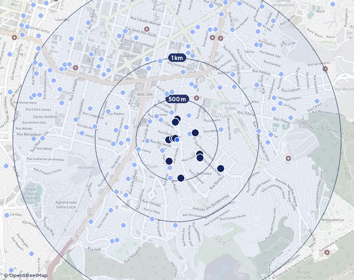 Mapa de Anchieta com os empreendimentos e raios de 500 m, 1 km e 2 km