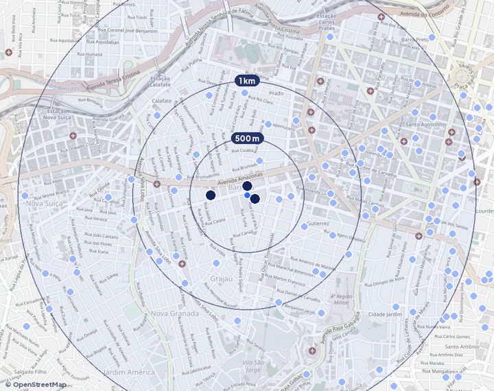 Mapa de Barroca com os empreendimentos e raios de 500 m, 1 km e 2 km