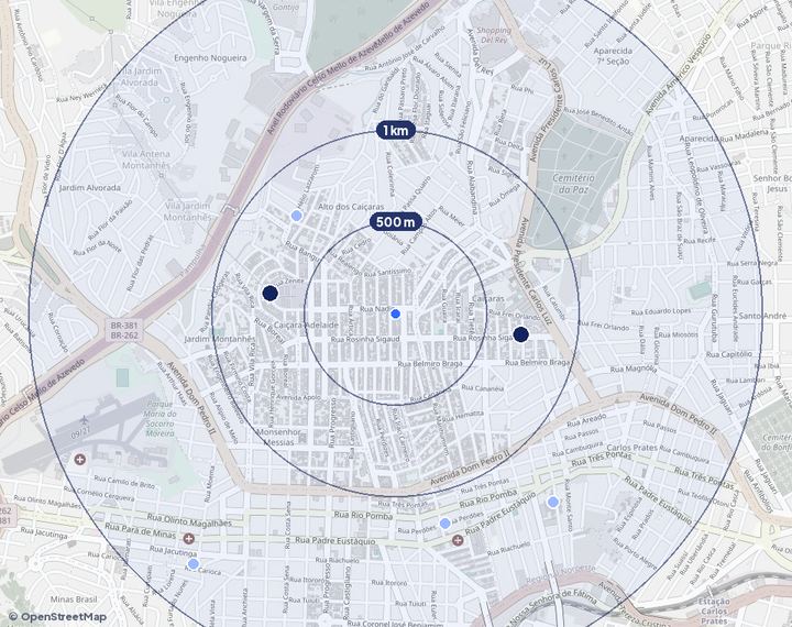 Mapa de Caiçaras com os empreendimentos e raios de 500 m, 1 km e 2 km