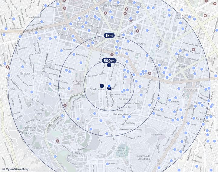 Mapa de Cidade Jardim com os empreendimentos e raios de 500 m, 1 km e 2 km