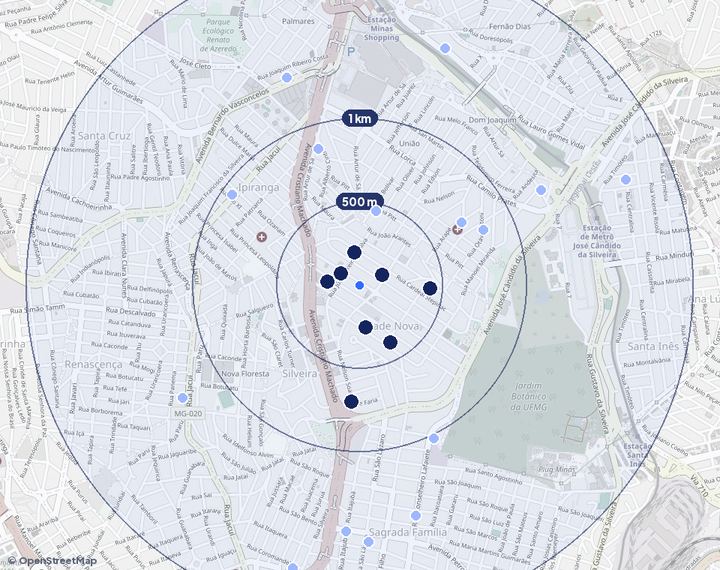 Mapa de Cidade Nova com os empreendimentos e raios de 500 m, 1 km e 2 km