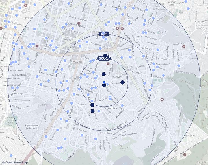 Mapa de Cruzeiro com os empreendimentos e raios de 500 m, 1 km e 2 km