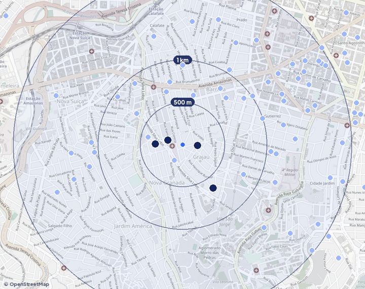 Mapa de Grajaú com os empreendimentos e raios de 500 m, 1 km e 2 km