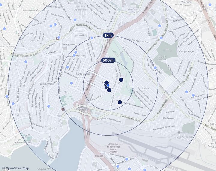 Mapa de Itapoã com os empreendimentos e raios de 500 m, 1 km e 2 km