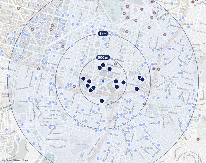 Mapa de Savassi com os empreendimentos e raios de 500 m, 1 km e 2 km
