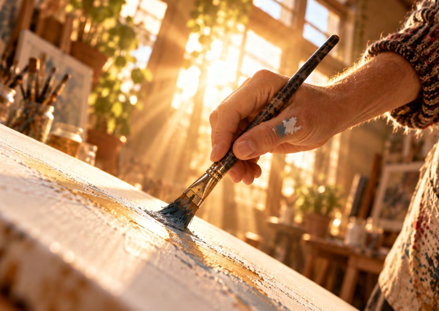 Mão pintando uma tela com pincel, conceito artístico do Bellare