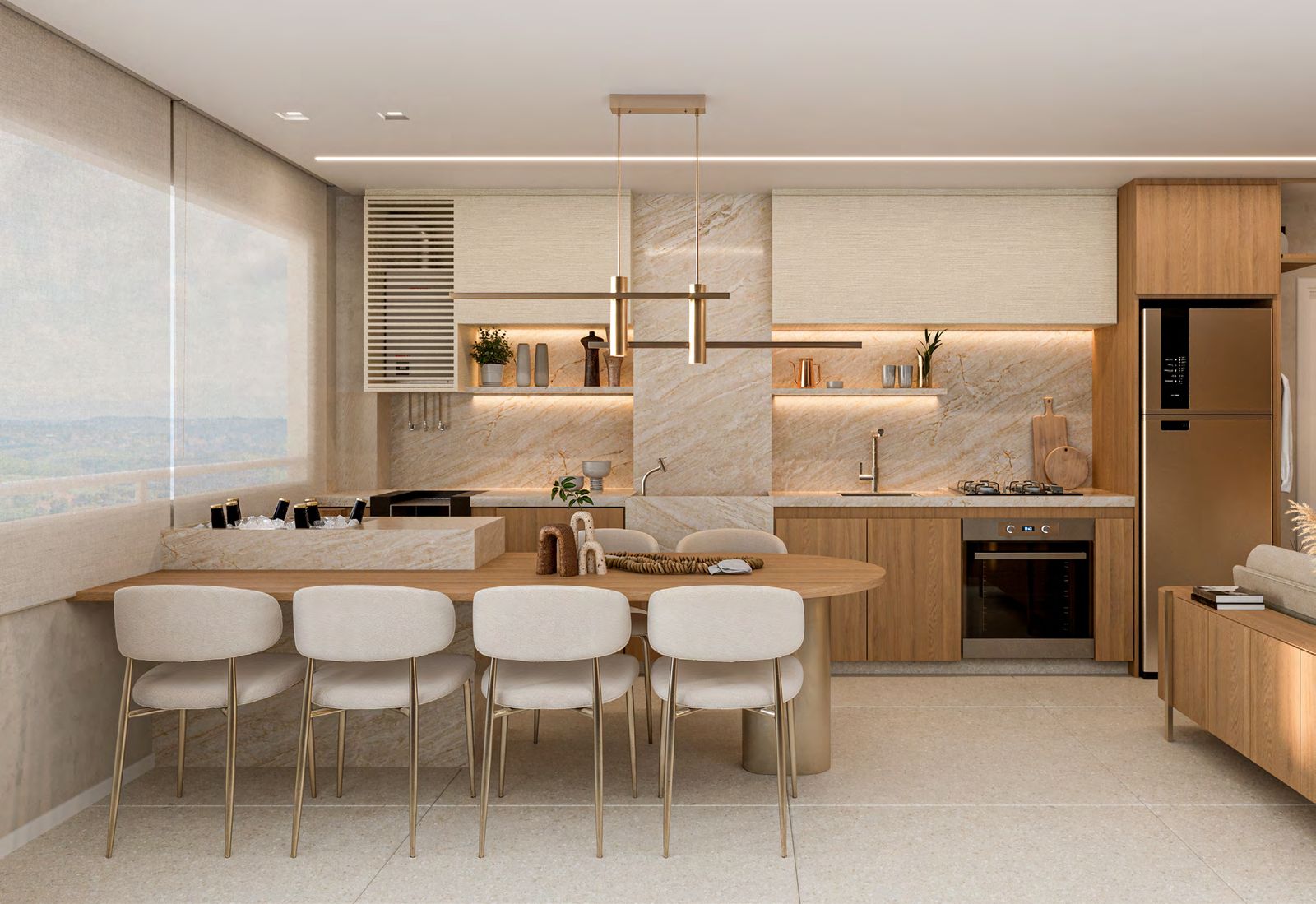 Cozinha integrada à sala de jantar de um apartamento decorado