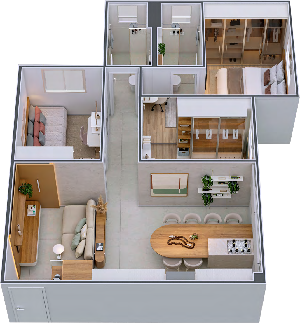 Planta 3D de um apartamento de 3 quartos com suíte, mostrando sala, cozinha, varanda e quartos mobiliados