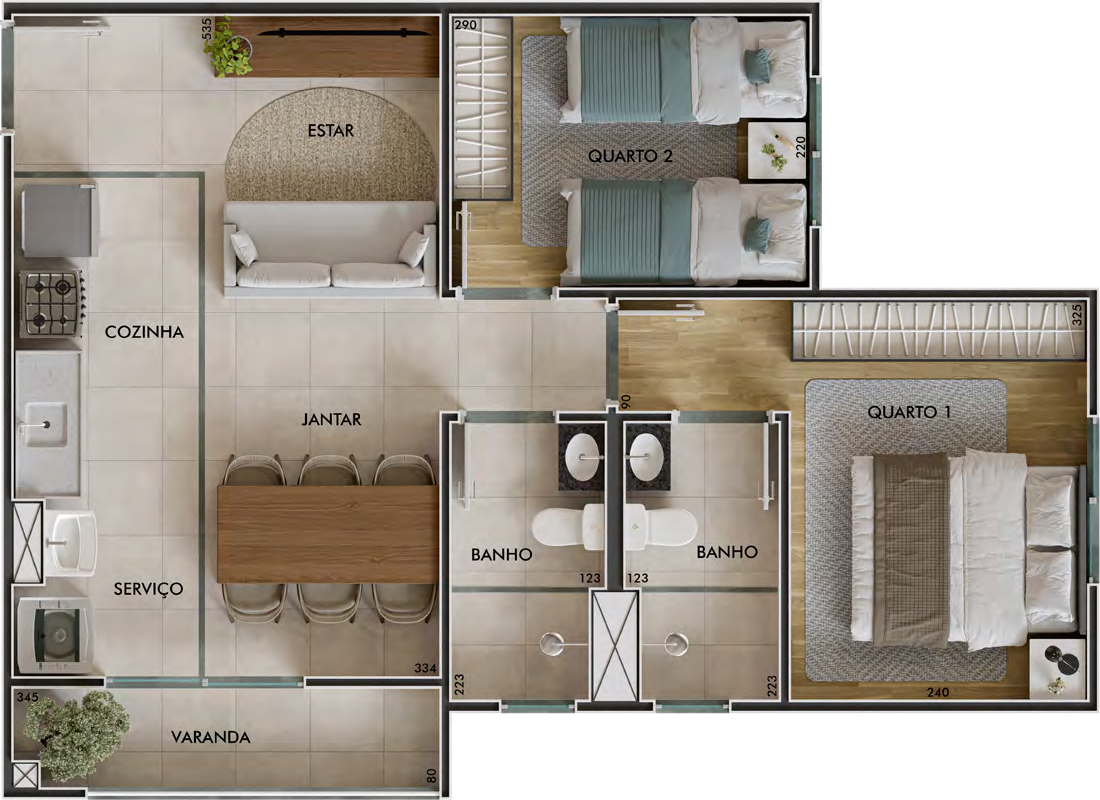 Planta humanizada do apartamento de 2 quartos com suíte e varanda, 48,06 m²