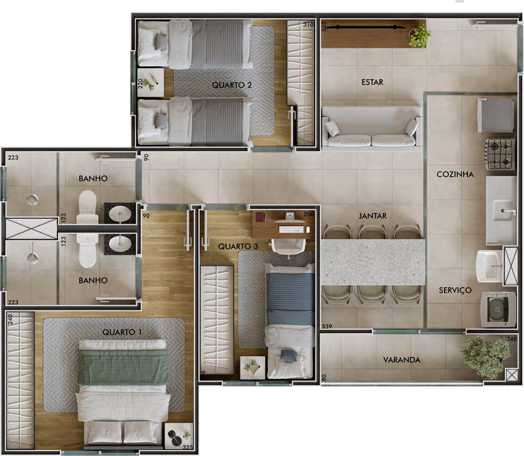 Planta humanizada do apartamento de 3 quartos com suíte e varanda, 56,84 m²