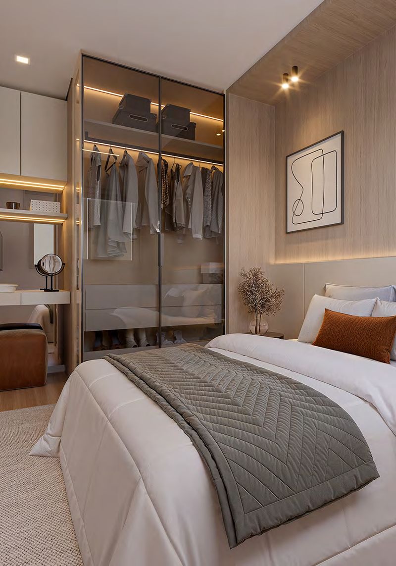 Suíte decorada com cama de casal e closet aberto